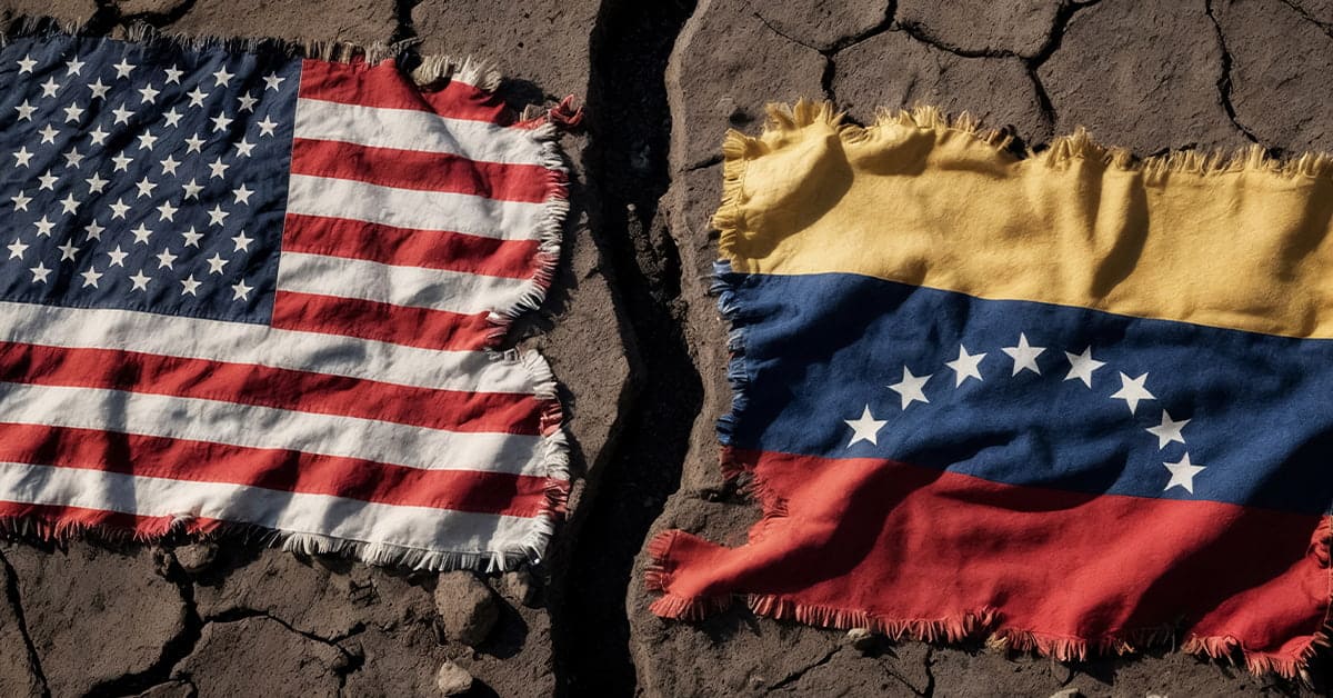 USA and Venezuela flags on cracked earth background, political relations concept