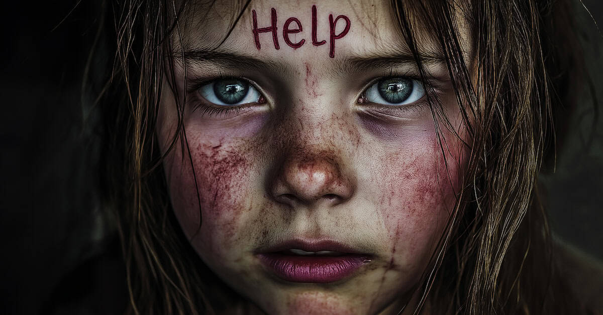 Young girl with help written on forehead showing abuse