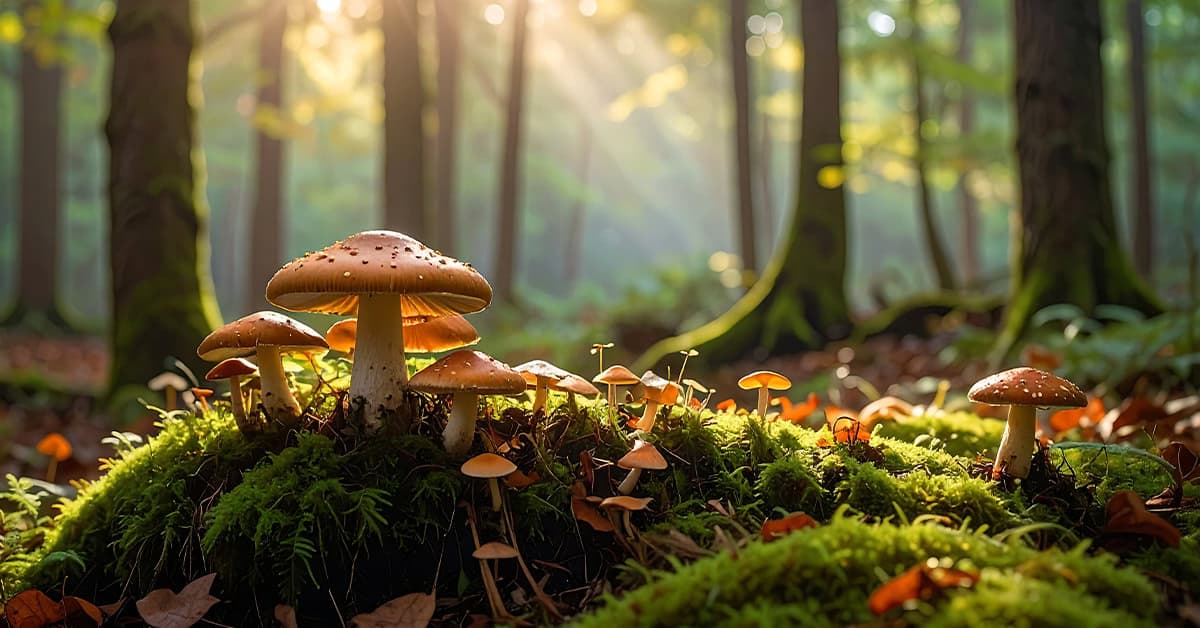 Forest mushrooms bathed in sunlight
