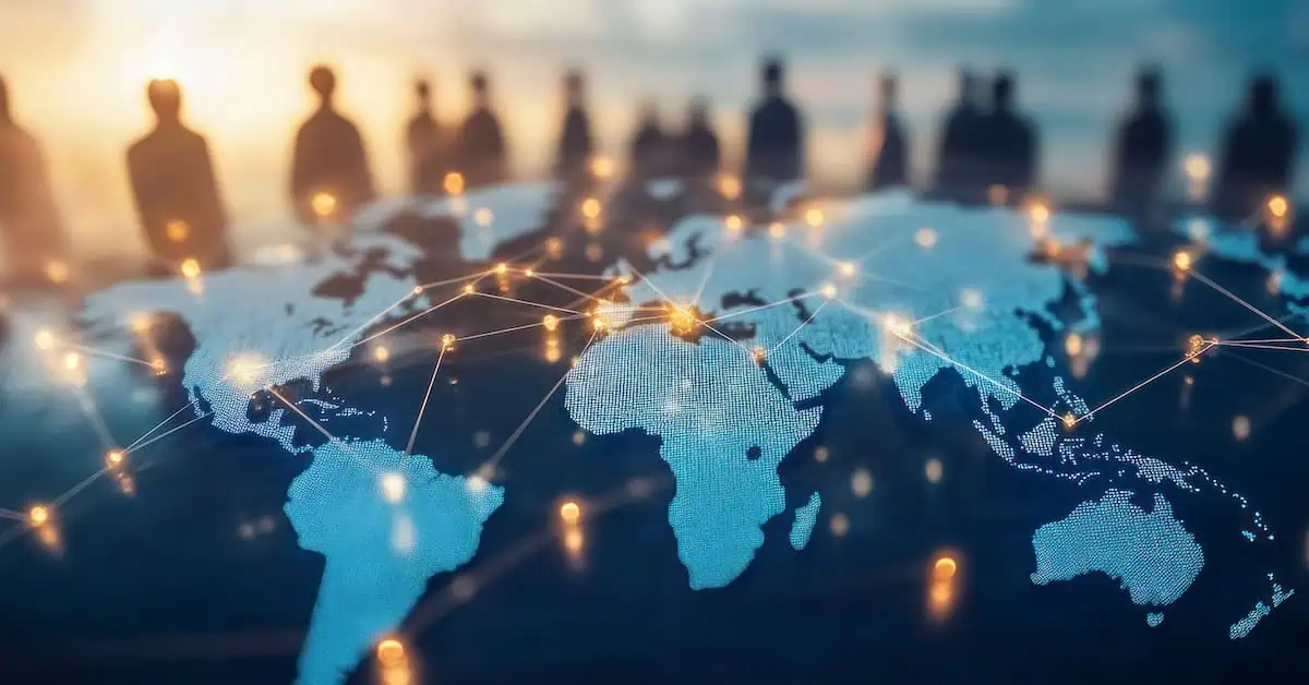 World map with connections and silhouetted figures