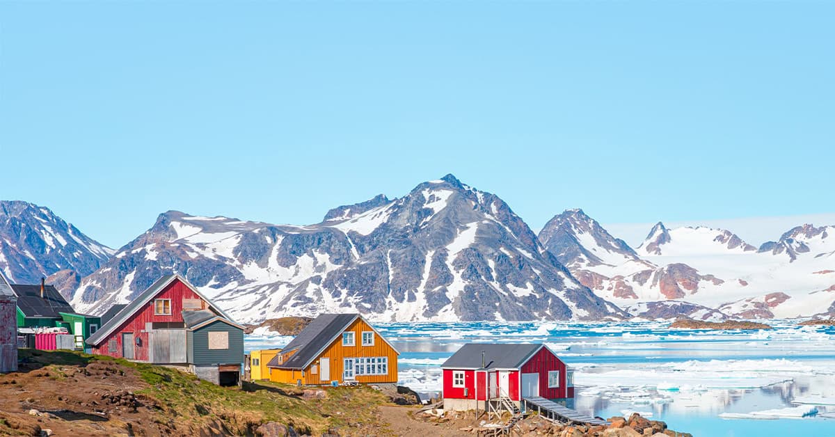 View of colorful Kulusuk village in East Greenland