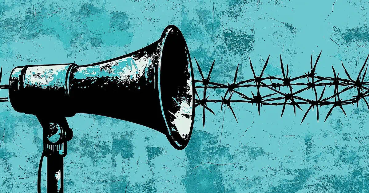 Megaphone blocked by barbed wire symbolizes restricted speech and censorship.
